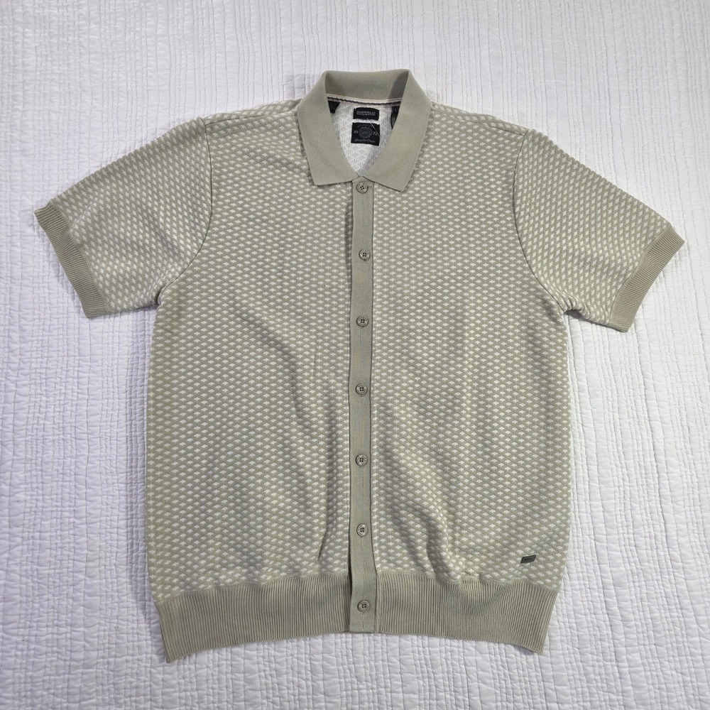 Buffalo David Bitton Mens Sage Green Diamond Knit Button Front Polo Shirt XL NWT